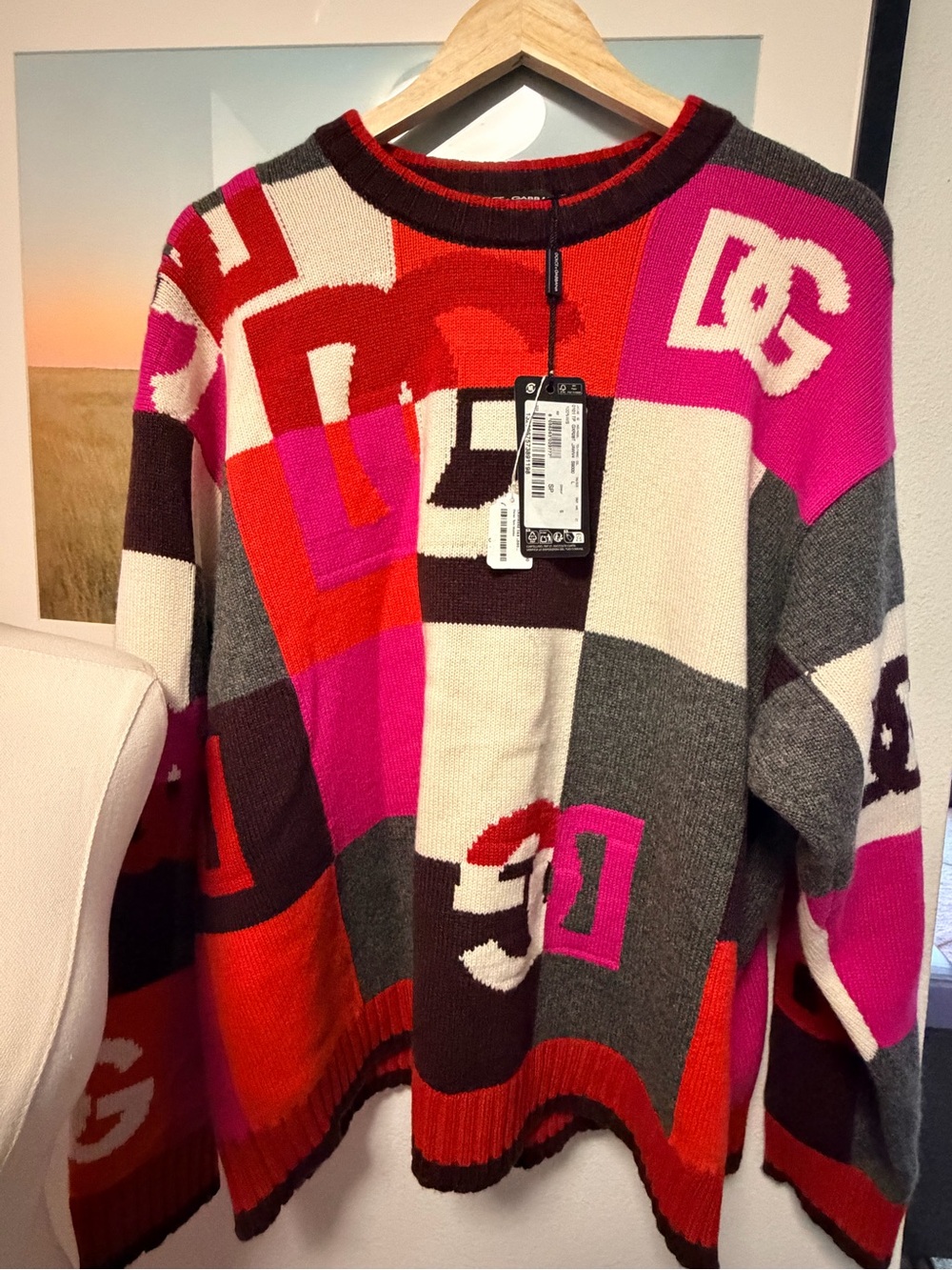 Dolce & Gabbana 100% Cashmere Patchwork Logo Sweater Multicolor Size L NWT